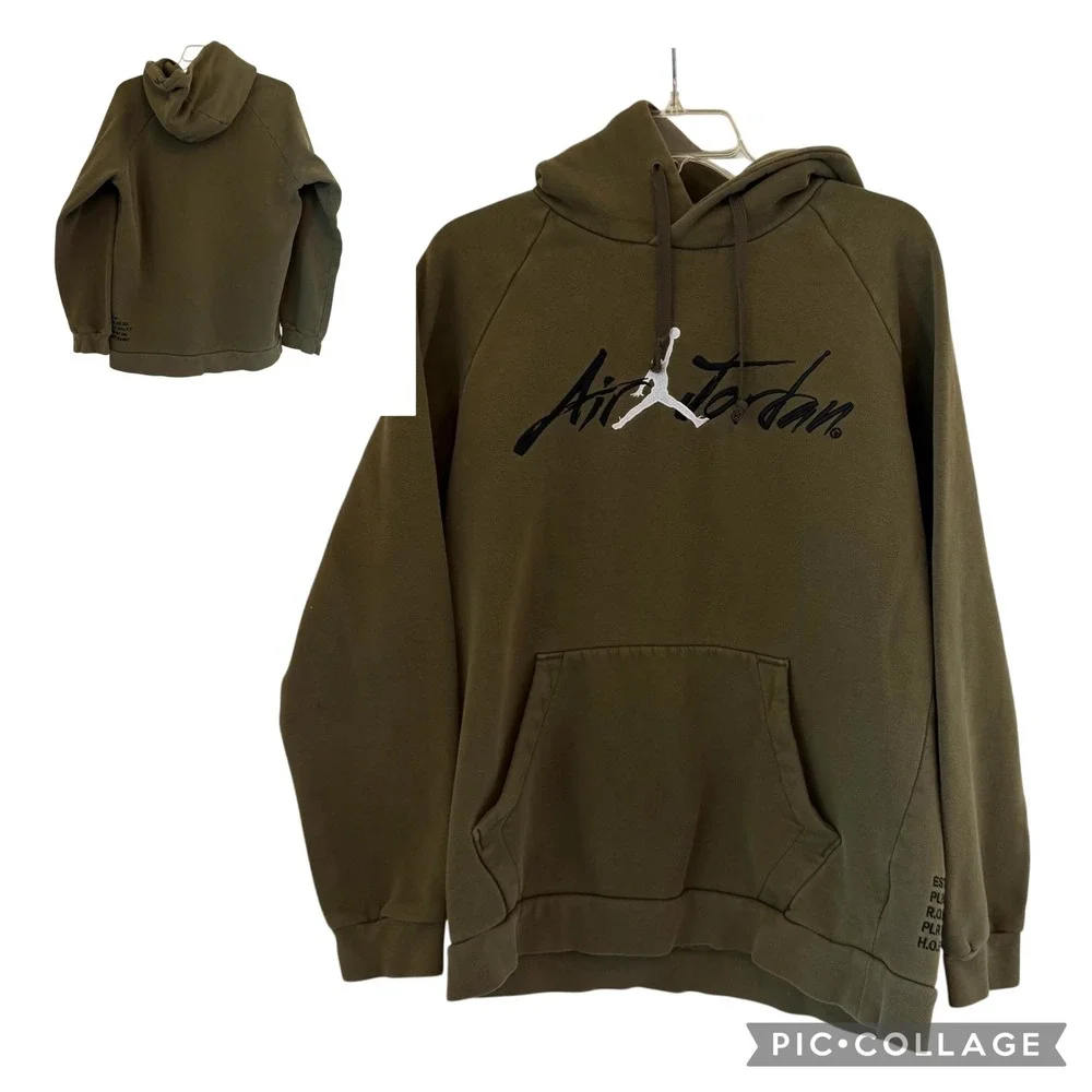 Jordan Jumpman Air Hoodie Men Medium Olive‎ Green Script Logo AV6005-395 READ